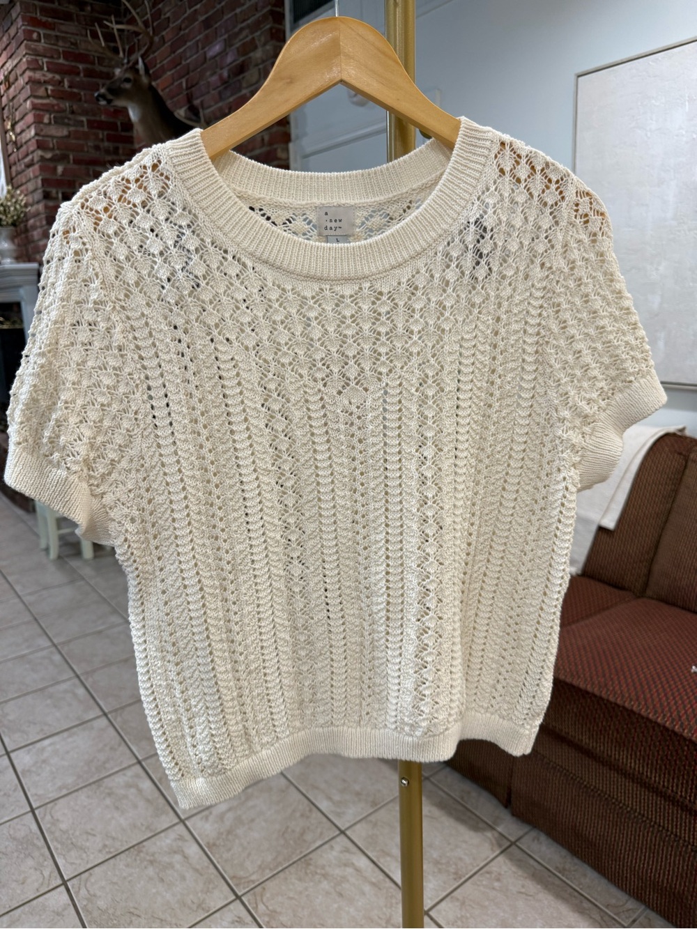 a new day Cream Open-Knit Short Sleeve Sweater